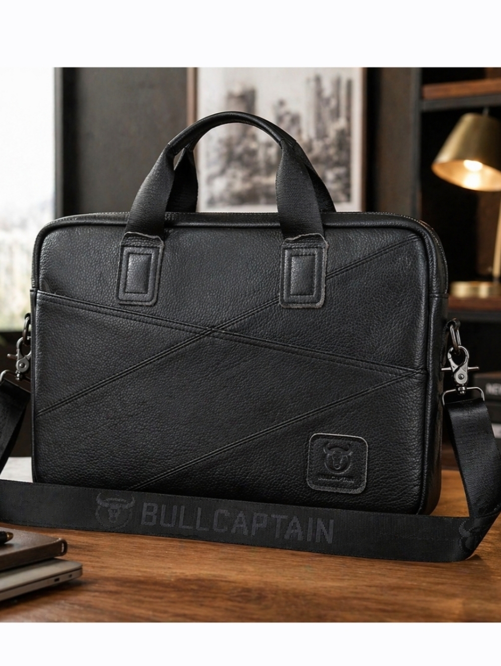 CAPTAIN BULL Black LEATHER Laptop Office BUSINESS Work TRAVEL Messenger BAG